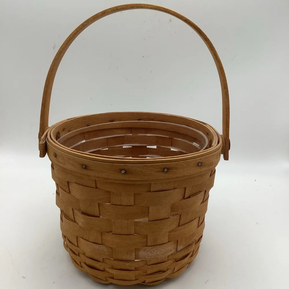Vintage 1996 Longaberger Round Handwoven Basket with Handles and Plast…